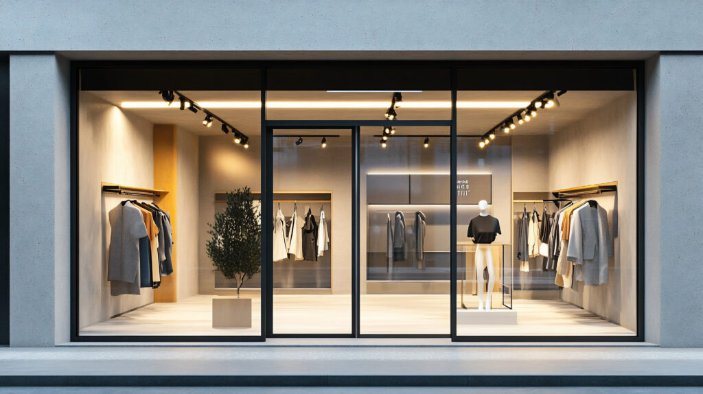 Modern retail clothing boutique storefront at night
