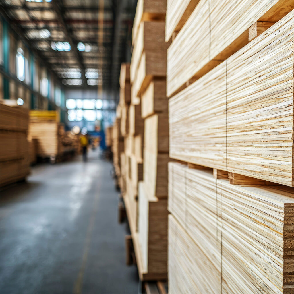 Stacked Plywood Boards in a Warehouse