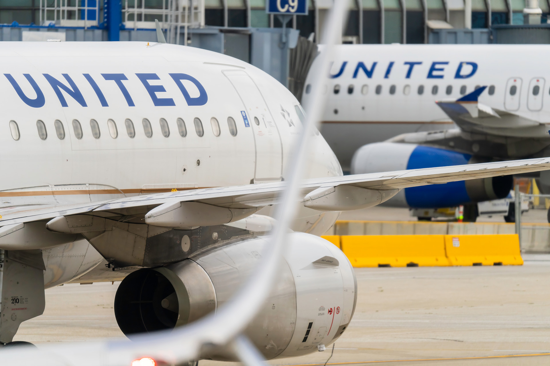 United Airlines jets at terminal closeup