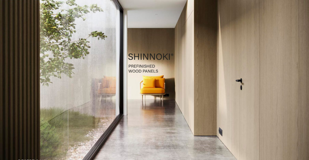 Hallway with Shinnoki panels and logo at center